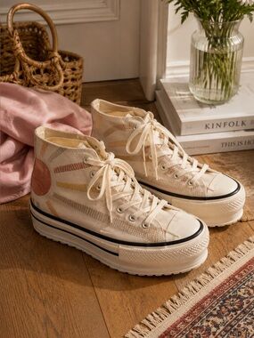 Cream High-Top Platform Sneakers with Pink Accent